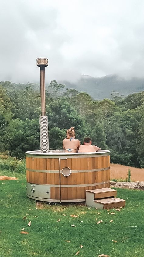 Hot Tub Photos, Hot Tub Cabin Photoshoot, Hot Tub In Forest, Round Wood Hot Tub, Hot Tub In Snow Aesthetic, Australian Bush, Yurt, Hot Tub Outdoor, Photoshoot Inspiration