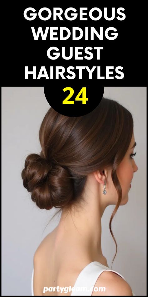 Looking for inspiration to dazzle at the next wedding? Check out these 24 gorgeous wedding guest hairstyles. From elegant sleek updos to romantic loose waves, there's a style here to match every dress code and personal flair. Whether you prefer classic looks or modern twists, these options include versatile hairstyles that every groom’s and bride’s guest would love. Make your entrance unforgettable with these stunning hairstyles that will surely turn heads and make you feel fabulous! Wedding Hairstyles Simple Updo, Simple Classic Updo, Hairstyle Updo Wedding, Romantic Updo Hairstyles Tutorial, Black Tie Wedding Guest Hair, Up Dos Wedding, Brunette Updo Wedding, Soft Updo Wedding, Updo Wedding Guest