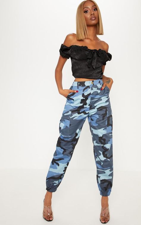 Blue Camo Pants Outfit, Blue Camo Pants, Camo Pants Outfit, Military Inspired Fashion, Camo Crop Top, Bardot Crop Top, Camo Mini Skirt, Camo Pants, Blue Camo