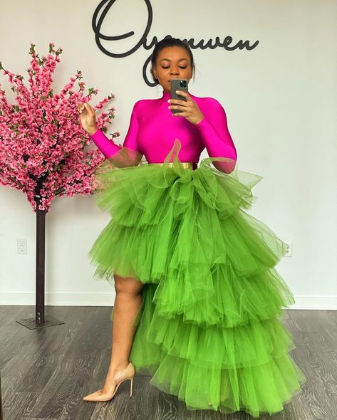 Oyemwen on Instagram: “💚💕💚💕 #oyemwen” Women Tulle Skirt, Womens Tulle Skirt, Tulle Maxi Skirt, Lace Gown Styles, African Print Dress Designs, Pink Olive, Gown Styles, Birthday Photography, African Print Dress