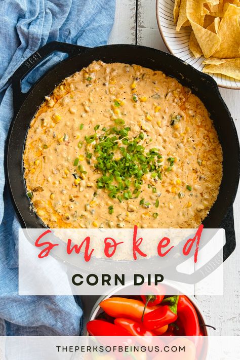 Creamy, cheesy hot corn dip with cream cheese is an easy appetizer that will be sure to impress your guests! We punched our dip up by smoking a poblano pepper to add in! This corn dip can be made in the oven, or out on the grill. Smoked Corn Queso Dip, Baked Corn Dip With Cream Cheese, Smoked Corn Dip With Cream Cheese, Spicy Corn Dip With Cream Cheese, Corn Queso Dip, Roasted Poblano Corn Dip, Cheesy Hot Corn Dip, Creamy Cheesy Corn, Corn Dip With Cream Cheese