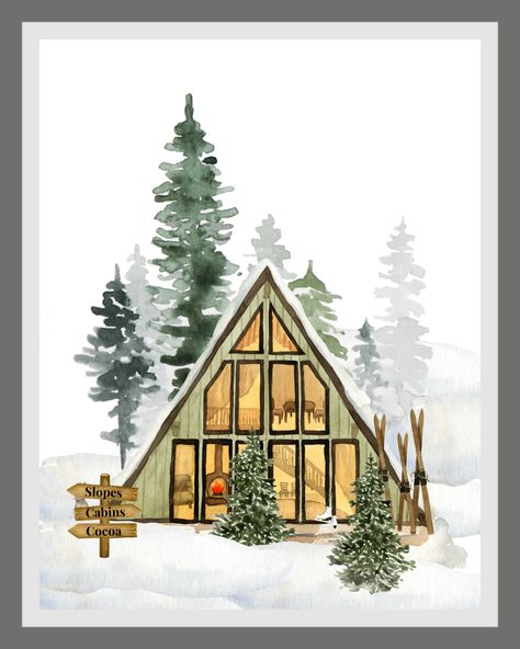 Winter Landscape Printables Free, Four Seasons Art Ideas, House Watercolor Illustration, Winter House Drawing, Winter Season Drawing, Cabin Sketch, Free Winter Printables, House Drawing Ideas, Winter Sketch