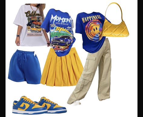 Blue And Yellow Jordans Outfit, Purple And White Dunks Outfit, Yellow And Blue Jordan 1s Outfit, Outfits With Ucla Dunks, Blue And Yellow Jordan 1 Outfit Women, Blue And Orange Dunks Outfit, Blue And Yellow Outfit Ideas Black Women, Green And Yellow Dunks Outfit, Red Blue Yellow Green Vans Outfit