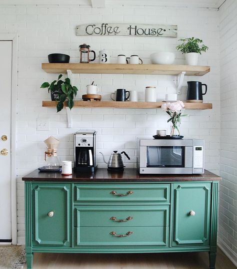 Green Buffet Dining Room, Microwave Station, Apartment Needs, Green Kitchen Cabinets, Shelving Ideas, Kitchen Buffet, Coffee Nook, Dining Room Buffet, Virginia Homes