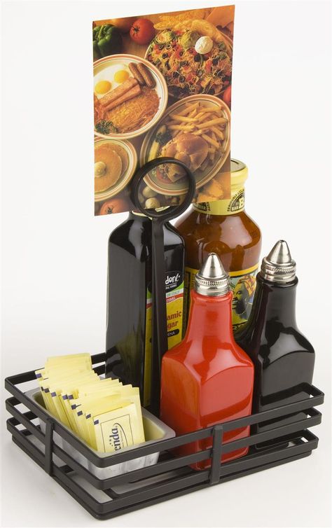 Square Wire Condiment Caddy w/ Sign Clip - Black Restaurant Accessories, Table Caddy, Food Creatives, Cutlery Organizer, Lukes Diner, Condiment Caddy, Condiment Holder, Food Accessories, Drink Specials