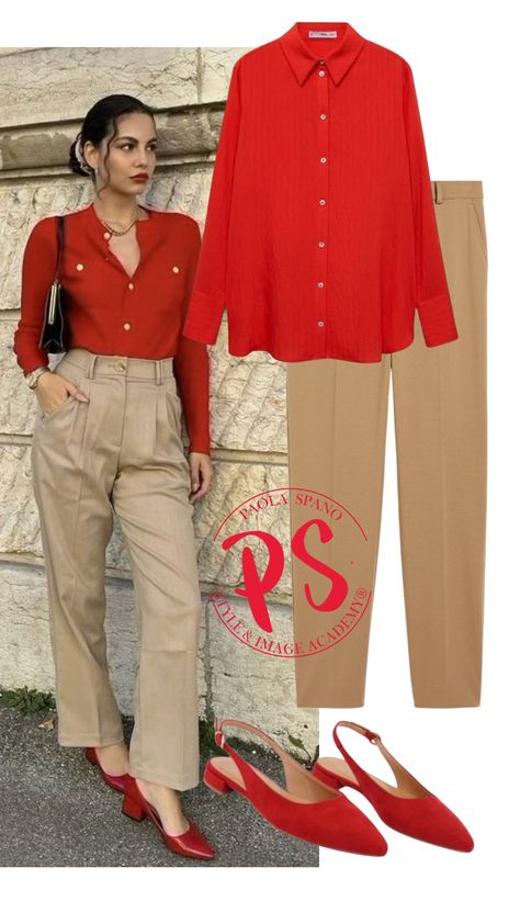 Red Shoe Outfits For Women, Red Combination Outfits, Red Shirt Outfit Aesthetic, Red And Beige Outfit, Camel Pants Outfit, Red And Green Outfit, Red Shoes Outfit, Capsule Wardrobe Women, Mix Match Outfits