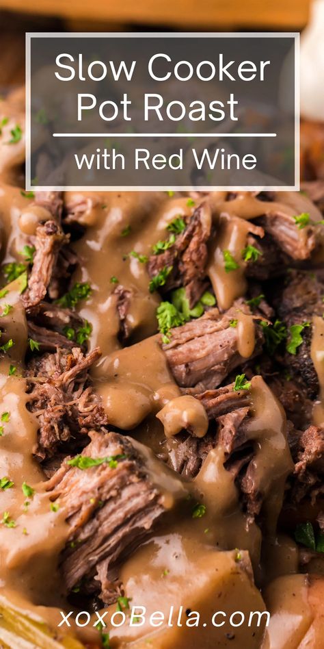 One of the best things about recipes like this slow cooker pot roast with red wine is how simple they are to prepare. Also, since it cooks slowly all day long, it's a nice dish to prep in the morning. Then, when you get home later, the incredible aroma in the air will definitely make your mouth water! Bursting with wonderful flavours, this crockpot roast with hearty beef, fresh veggies, merlot, fresh herbs and more, is so good. It makes a robust and filling dinner. #roast #crockpot #slowcooker Red Wine Recipes Cooking, Pot Roast With Red Wine, Roast With Red Wine, Cooking With Red Wine, Beef Roast Crock Pot, Crockpot Pot Roast, Red Wine Recipe, Slow Cooker Pot Roast, Pot Roast Crock Pot Recipes