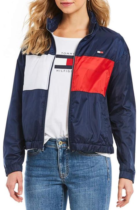 Tommy Hilfiger Sport Colorblock Zip Front Windbreaker Jacket Tommy Hilfiger Outfits Women, Tommy Clothes, Tommy Hilfiger Outfits, Windbreaker Outfit, Tommy Hilfiger Windbreaker, Tommy Hilfiger Fashion, Jacket Sport, Trendy Hoodies, Tommy Hilfiger Jackets