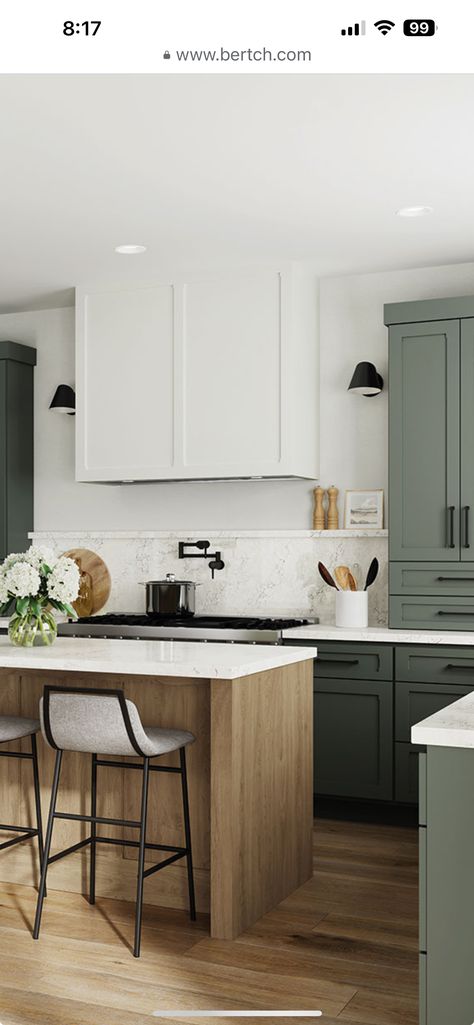 Green Kitchen Wood Island, Sage Green Kitchen Walls, Garage Adu, Bertch Cabinets, Kitchen Door Styles, Green Kitchen Walls, Kitchen Color Trends, Green Kitchen Island, Birch Grove