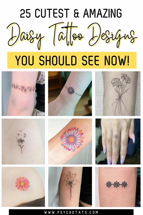 25 Cutest Daisy Tattoo Designs You’ll See On The Internet - Psycho Tats Daisy Tattoo Ideas, Daisy Tattoo Meaning, Small Daisy Tattoo, Daisy Tattoo Designs, Daisy Tattoo, Tattoo Idea, Flower Tattoos, Tattoo Design, Tatting