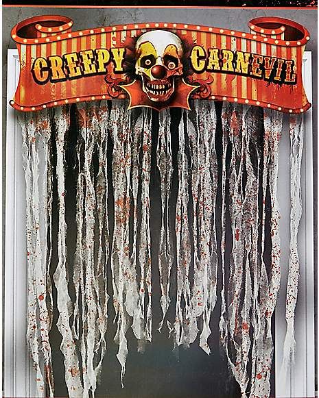 Creepy Carnival Door Topper - Decorations - Spirithalloween.com Circus Decorations Diy, Scary Carnival, Circus Scene, Haunted Circus, Haunted Carnival, Creepy Halloween Party, Enter At Your Own Risk, Door Topper, Halloween Circus