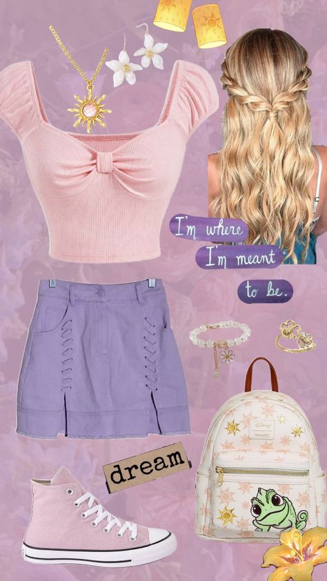 Rapunzel Disney Bound #tangled #rapunzel #disneybound #ootd Disney Bound Rapunzel, Tangled Disneybound, Rapunzel Disneybound, Tokyo Outfits, Disneybound Ideas, Disney Fits, Disney Tokyo, Rapunzel Disney, Disney Adult