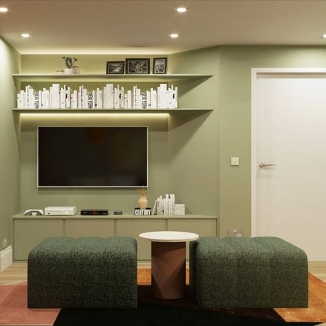 A transforming TV room. Rich in greenery, colour compositions and textures. Hello Green, Olive Green Walls, Olive Colour, Texture Wall, Colour Texture, Hello Hello, Tv Box, Olive Color, Tv Room