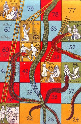 "Snakes and Ladders" ~ Vintage game, date and designer unknown.  Classic kids' boardgame in England, its American counterpart is "Chutes & Ladders". Game Date, Ladders Game, Old Board Games, Maths Games, Snakes And Ladders, Board Game Design, Vintage Board Games, Childhood Games, Traditional Games