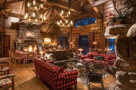 Great Lodges of the Adirondacks Alpine Lodge Decor, Lodge Fireplace Ideas, Lodge Fireplace, Mountain Lodge Decor, Lodge Style Decorating, Lodge Living Room, Homestead Business, Lodge Christmas, Lodge Aesthetic