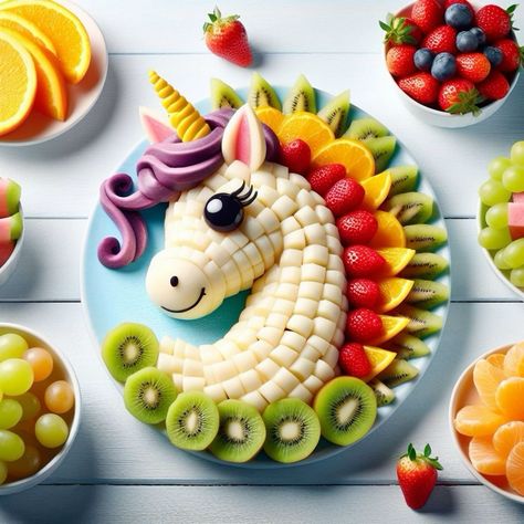 Fruit Platter Animals, Unicorn Fruit Platter, Kids Party Fruit Platter, Kids Fruit Platter Ideas, Kids Fruit Platter, Birthday Fruit Platter Ideas, Fruit Mermaid, Unicorn Snacks, Kitchen Christmas Decor Ideas