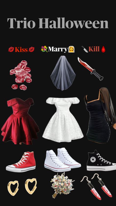 Kiss, marry, kill unique Halloween costume Kiss Halloween Costumes, 3 People Halloween Costumes, Halloween Diy Outfit, Kiss Marry Kill, Fun Halloween Outfits, Halloween Kiss, Trio Halloween Costume, Cute Group Halloween Costumes, Classy Halloween Costumes