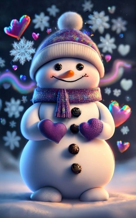 Animated Christmas Pictures, Snowman Wallpaper, Snowman Images, Beautiful Christmas Scenes, Merry Christmas Pictures, Purple Scarf, Purple Hearts, Cute Christmas Wallpaper, Winter Images