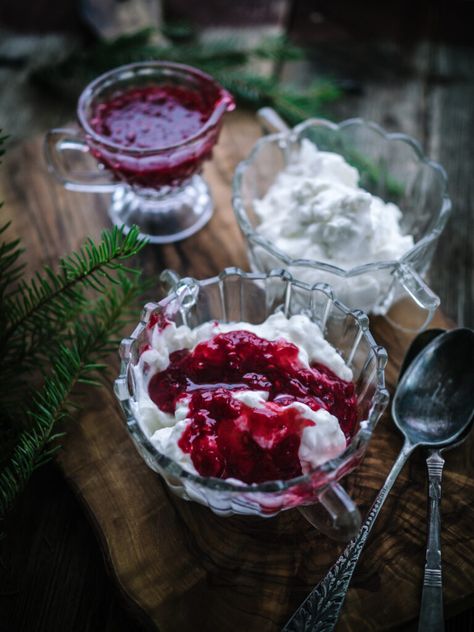 Whipped Norwegian Rice Cream with a Red Berry Sauce (Riskrem) - North Wild Kitchen Norwegian Bread, Rice Cream, Wild Kitchen, Salmon Soup, Custard Buns, Griddle Cakes, Cardamom Buns, Norwegian Christmas, Flat Cakes