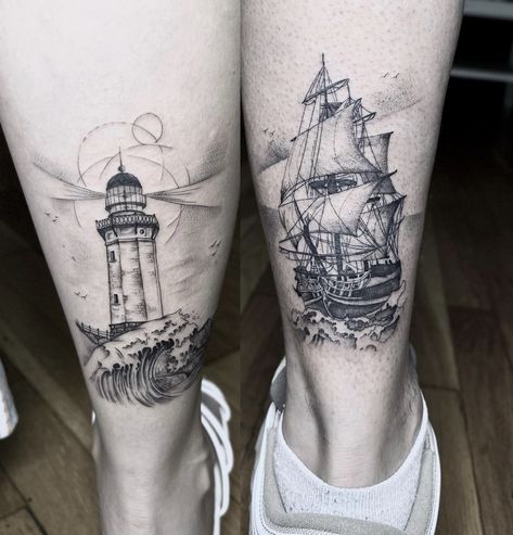 Ship Lighthouse Tattoo, Ocean Ship Tattoo, Lighthouse Ship Tattoo, Boat And Lighthouse Tattoo Matching, Sailboat And Lighthouse Tattoo, Lighthouse And Ship Tattoo, Lighthouse Couple Tattoo, Burning Ship Tattoo, Couple Tattoos Lighthouse And Ship