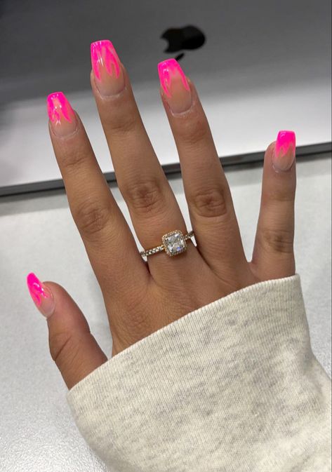 Hot Pink Nails With Flames, Hot Pink Flame Nails, Pink Flame Nails, Badass Nails, Pink Flames, Flame Nails, Hoco Nails, Neon Nail Designs, Hot Pink Nails