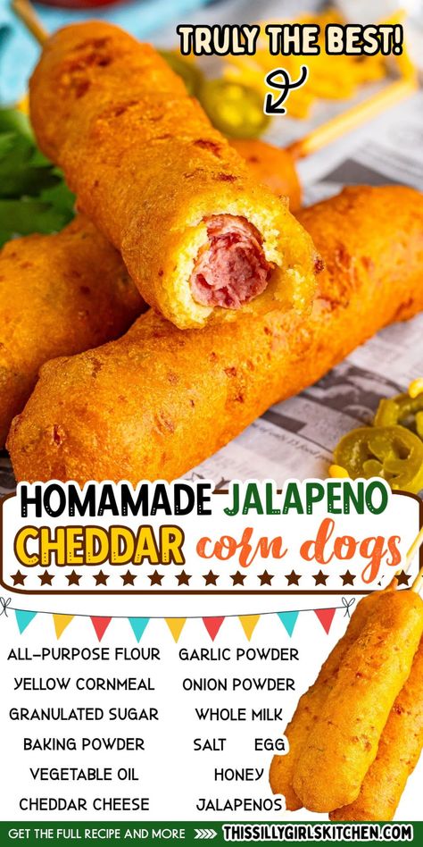 Dog Haus Hot Dogs, Chili Cheese Corn Dogs On A Stick, Best Corn Dog Recipe, Easy Corn Dogs, Weiner Recipes Dishes, Dinner Recipes With Jalapenos, Homemade Corndog Recipe, Sides For Corn Dogs, Chilli Dogs Recipe