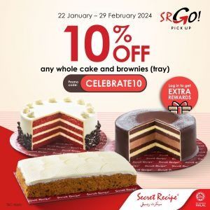 Secret Recipe 10% OFF Whole Cake and Brownies Promotion via SRGO! Pick Up (22 Jan 2024 - 29 Feb 2024) Secret Recipe Cake Malaysia, 29 February, Whole Cake, Recipe Cake, January 2024, Secret Recipe, Treat Yourself, Brownies, Cake Recipes