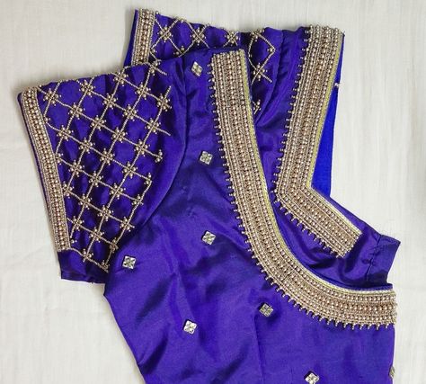 Blue Work Blouse, Mirror Blouse Design, Aari Work Blouse Design, Magam Work Designs, Magam Work, Patch Work Blouse Designs, Aari Design, Girls Dresses Diy