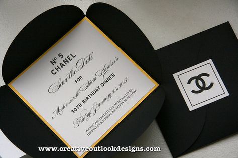 Our Chanel inspired save the date #invitation | www.creativeoutlookdesigns.com Chanel Invitation Card, Chanel Invitation, Chanel Inspired Party, Chanel Baby Shower, Coco Chanel Party, Chanel Birthday Party, Chanel Birthday, Chanel Party, Date Invitation