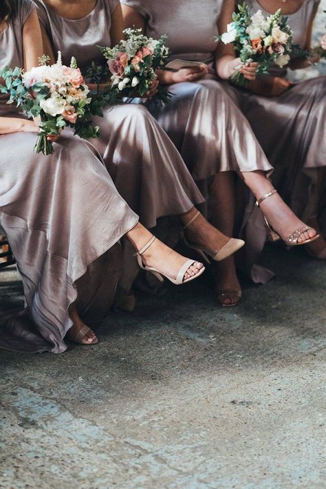 Dusky Pink Bridesmaid Dresses and Strappy Shoes Pink Satin Bridesmaid Dresses, Dusky Pink Bridesmaid Dresses, Dusky Pink Bridesmaids, Charlie Brear Wedding Dress, Asylum Chapel, Blue Bridesmaid Dresses Short, Wedding London, Indian Bridesmaid Dresses, The Asylum