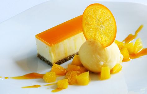 Passion fruit and white chocolate cheesecake with fresh orange sorbet by Matthew Tomkinson White Chocolate Cheesecake Recipes, Dolci Finger Food, Granitas, Orange Sorbet, Chocolate Cheesecake Recipes, White Chocolate Cheesecake, Dessert Presentation, Great British Chefs, Cheesecake Chocolate