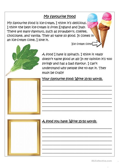 Writing - My favourite and least favourite food - English ESL Worksheets for distance learning and physical classrooms Favorite Food Worksheet, English Writing Skills Worksheets, English Writing Practice, Essay Writing Examples, College Essay Examples, Batik Clothing, Draw And Write, Learn Language, Spelling Worksheets