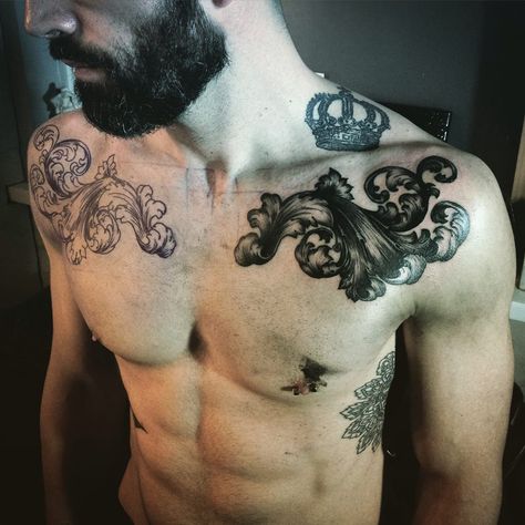 Chest Panel Tattoo, Large Chest Tattoo, Icarus Tattoo, Crown Tattoos, Ma Tattoo, Tatuagem Masculina Pequena, Filigree Tattoo, Leopard Tattoos, Tattoo Spots