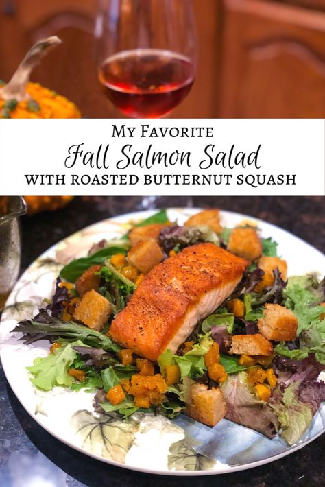 Fall Salmon Salad Fall Salmon, Salad With Maple Vinaigrette, Breaded Salmon, Cooked Salmon, Maple Vinaigrette, Butternut Squash Salad, Octoberfest Food, Salad Mixed Greens, Salmon Seasoning