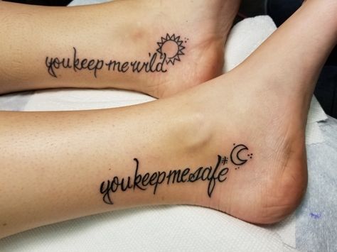 Sister Ankle Tattoos, Sisters Keeper Tattoo, My Sisters Keeper Tattoo Ideas, Sister Foot Tattoos, My Sisters Keeper Tattoo, Side Foot Tattoos, Sisters Tattoo, Calf Tattoo, Sister Tattoos