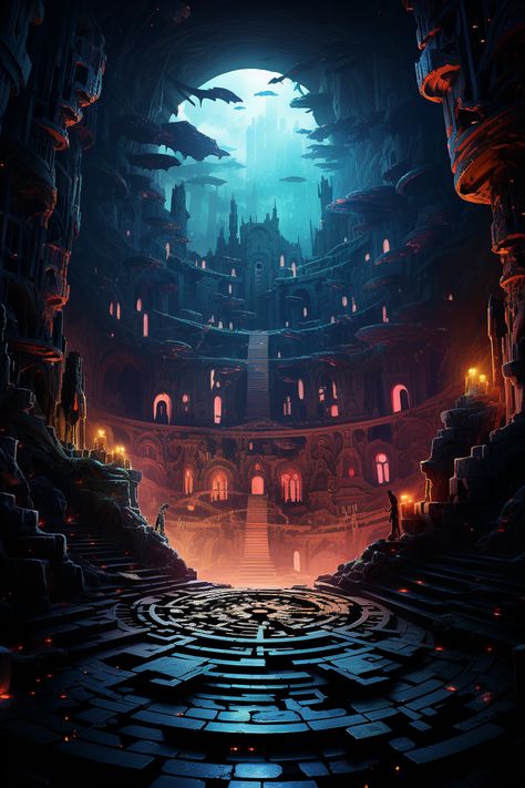 Underground World Art, Dark Realm Fantasy Art, Underground Castle Fantasy Art, Labyrinth Fantasy Art, Cave City Fantasy Art, Underground City Fantasy Art, Underground City Concept Art, Dreamlike Art, Otherworldly Art