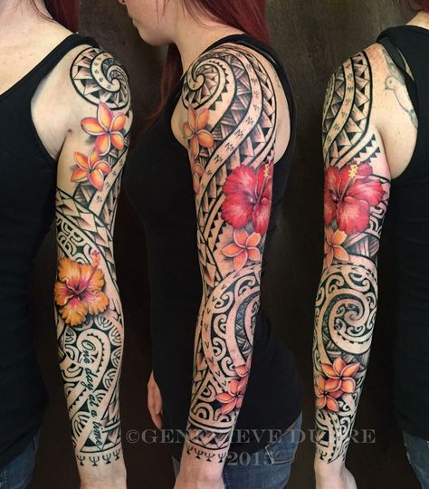 Love the color of the flowers Polynesian Tattoos Women, Maori Tattoos, Women Tattoos, Polynesian Tattoo Designs, Samoan Tattoo, Hawaiian Tattoo, Geniale Tattoos, Flower Tattoo Sleeve, Arm Sleeve Tattoos