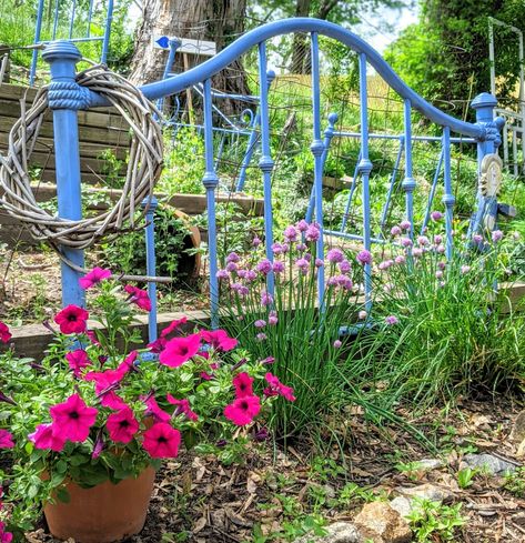 Repurposed Headboards… Perfect for a Garden Bed – Comfy Lane Cottage Using Old Bed Frames In The Garden, Metal Bed Frames In The Garden, Wrought Iron Headboard Repurpose, Garden Headboard Ideas, Headboards In The Garden, Iron Bed Frame Repurpose, Metal Headboard Garden Ideas, Iron Headboard Garden Ideas, Repurposed Bed Frames