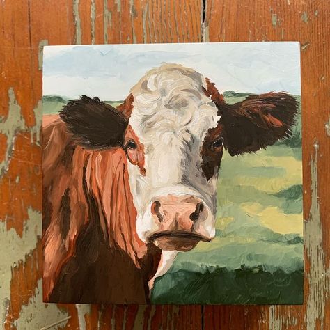 Cow Field Painting, Cow Portrait Painting, How To Paint A Cow, Longhorn Cow Painting, Cow Painting Ideas, Cow Face Drawing, Animal Paintings Easy, Paintings Of Cows, Cow Acrylic Painting