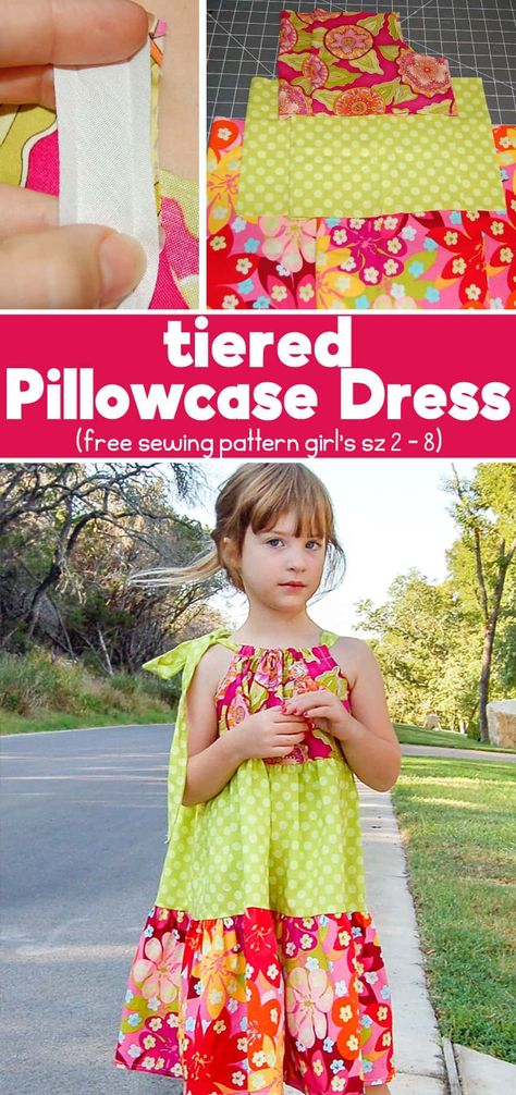 How to sew a Tiered Pillowcase Dress (tutorial includes a free printable pattern in sizes 2 to 8.) I love pillowcase dresses! No buttons no zippers, just straight stitches. This Tiered Pillowcase Dress tutorial will elevate your simple pillowcase dress to the next level. Simple Pillowcase, Tiered Dress Pattern, Pillowcase Dress Pattern, Pillow Cases Tutorials, Pillowcase Dresses, Crafty Mom, Dress Tutorial, Bodice Pattern, Girl Dress Pattern