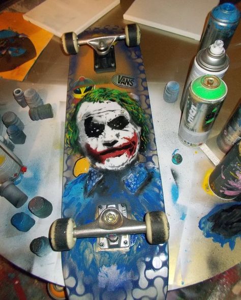 Skateboard Decks Art, Joker Skateboard, Painted Skateboard Decks, The Joker And Batman, Joker And Batman, Knight Photo, Skateboarding Magazine, Skateboard Furniture, Painted Skateboard