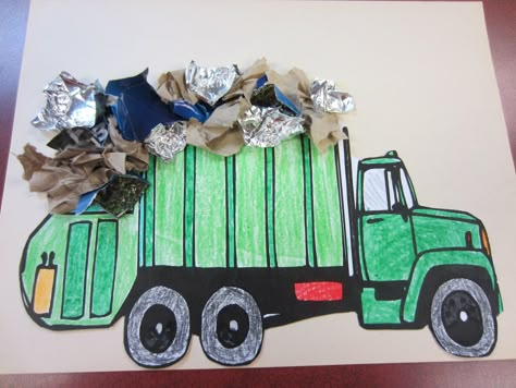 Garbage Truck: We printed a picture of a garbage truck on card stock, colored and cut out the picture. We then mounted the picture on construction paper and glued "trash" on the truck. Recycling Activities For Kids, Truck Crafts, Recycling Activities, Community Helpers Theme, Community Workers, Community Helpers Preschool, Recycled Crafts Kids, Transportation Preschool, Truck Theme