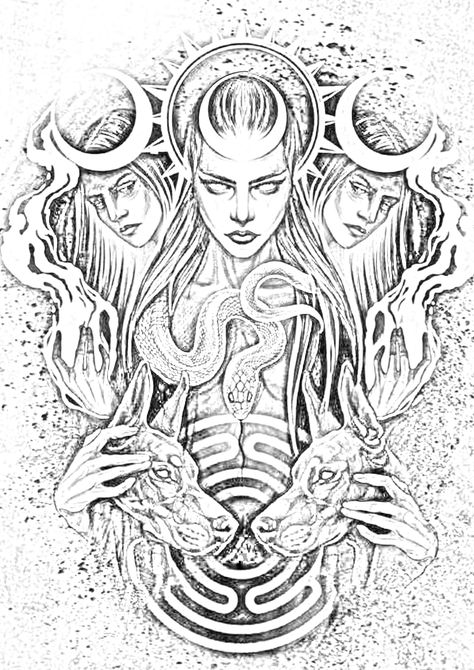 Hekate Wheel Tattoo, Hekate Coloring Pages, Goddess Art Tattoo, Hecate Tattoo Symbols, Hekate Tattoo Symbols, Goddess Lilith Tattoo, Throat Tattoo Designs, Hecate Tattoo Design, Hecate Goddess Tattoo Design