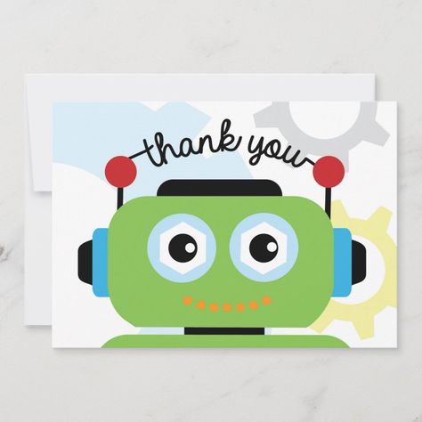 Robot Thank You Card | Robot Birthday Party | #robotbirthday #robotthankyou #thankyoucard #birthday #thankyounote #let'sgonuts #nutsandbolts #nuts #gears Robot Birthday Party, Robot Theme, Kids Market, Robot Party, Thank You Images, Birthday Thank You Cards, Birthday Tags, Diy Presents, Sticker Template