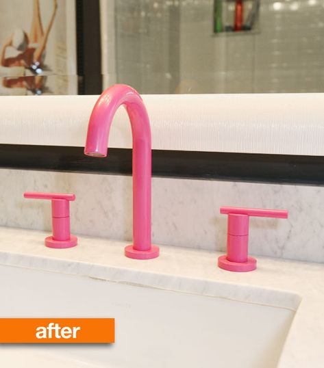 powder coated faucet in my favorite Benjamin Moore color--Razzle Dazzle--our foyer is painted this color.  Consider automotive paint as well for fixtures.  Danish company Vola also makes gorgeous colored bathroom fixtures. Hot Pink Bathroom, Fresh Bathroom, Teal Tile, Colorful Room, Barbie Room, Room Theme, Benjamin Moore Colors, Girls Bathroom, Pink Bathroom