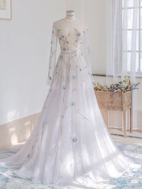 White Wedding Dress With Blue Flowers, Periwinkle Wedding Theme, Blue And White Wedding Dress, Flower Gown, Blue Wedding Dress, Sleeved Wedding, Dress Design Drawing, Wedding Dress With Veil, Mode Abaya