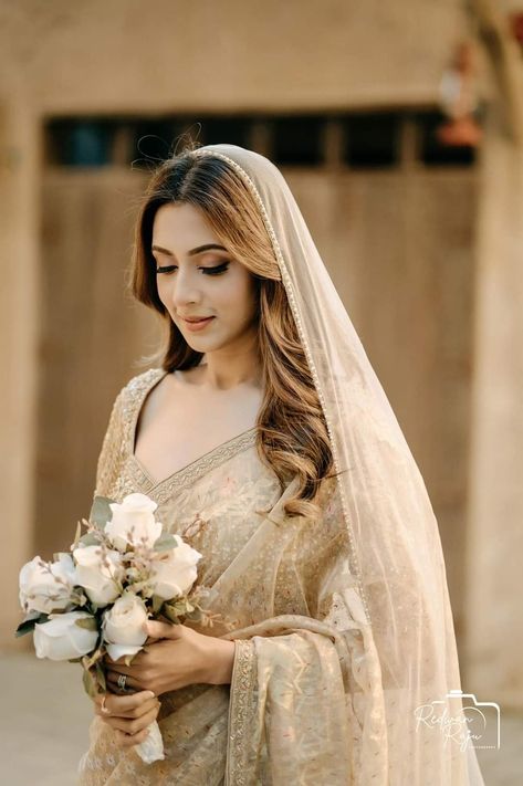 Christian Bridal Look, Engagement Looks For Indian Bride, Veil Dupatta, Bidya Sinha Mim, Nikah Video, Engagement Saree Look, Night Reception, Engagement Looks, Christian Wedding Gowns