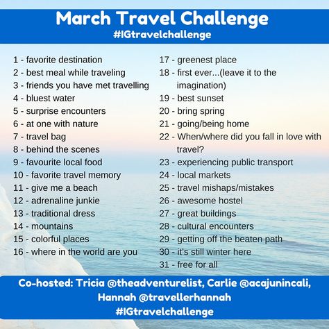 Instagram Travel Photo Challenge Travel Challenge Ideas, Travel Challenge, Travel Photography Challenge, Travel Agent Content Calendar, Travel Agent Instagram Content, March Travel, Colorful Places, One With Nature, Best Sunset