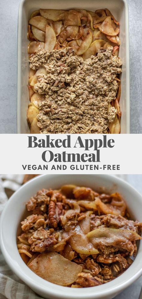 Gooey, soft apple filling topped with perfectly sweet baked oatmeal. This easy vegan baked apple oatmeal feels like you're having dessert for breakfast. Vegan Baked Oatmeal, Easy Baked Apples, Baked Apple Oatmeal, Oatmeal Vegan, Vegan Brunch Recipes, Dessert For Breakfast, Apple Breakfast, Vegan Breakfast Easy, Vegan Oatmeal