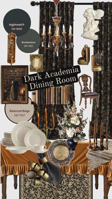 Academia Dining Room, Dark Academia Dining Room, Dark Academia Apartment, Dining Room Dark, Gothic Dining Room, Warm Roof, Life Size Barbie, Dark Cottage Core, Dark Dining Room